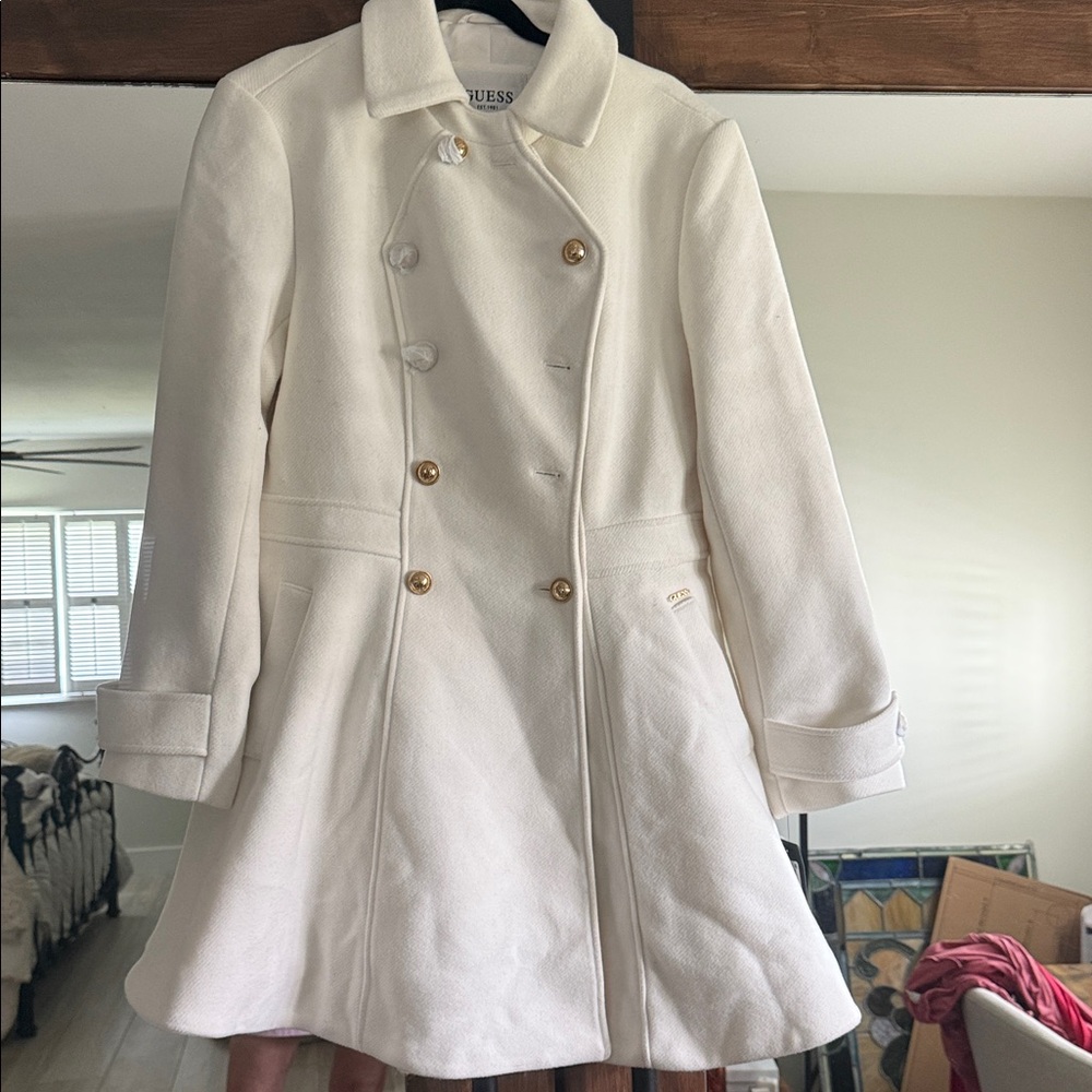 GUESS Women's Ivory Trench Coat with Gold Buttons